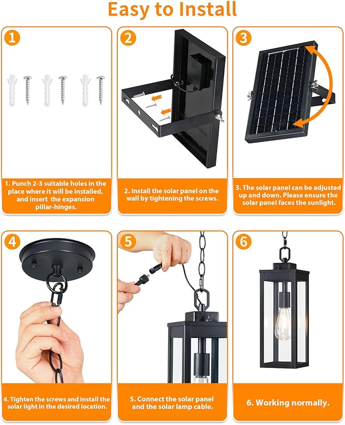 15'' Large Solar Pendant Light Outdoor, Modern Outside Chandelier Outdoor Hanging Lantern, Black with Clear Glass, Exterior Pendant Lighting Fixture Ceiling Mount for Porch, Entryway, Gazebo, 1 Pack