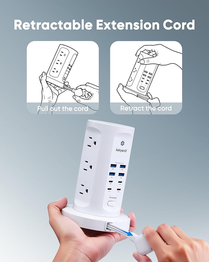 Kakyanill 115W USB Charging Station, Surge Protector Power Strip Tower, 9 AC Outlets with 8 USB Ports(4 USB-C), 6Ft Flat Plug Retractable Extension Cord, for Home Office Dorm, White