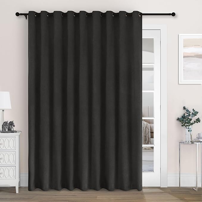 Macochico 100" Wx84 L Charcoal Grey Full Blackout Curtains for Sliding Door, Thermal Insulated Drapery for Living Room Bedroom Windows Patio Door, Modern Chenille Grommet Drapes with Tieback 1 Panel