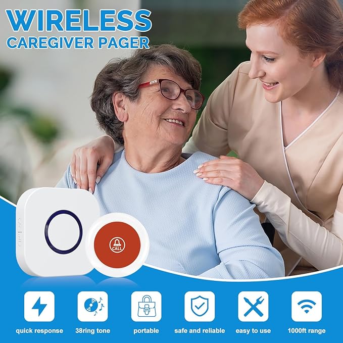 Wireless Caregiver Pager Call Button System with Emergency Buzzer Buttons SOS Alert, 38 Melodies AB Buttons 1000+ Feet Range for Elderly Disabled Home Care, 1 Receiver + 2 Transmitters White