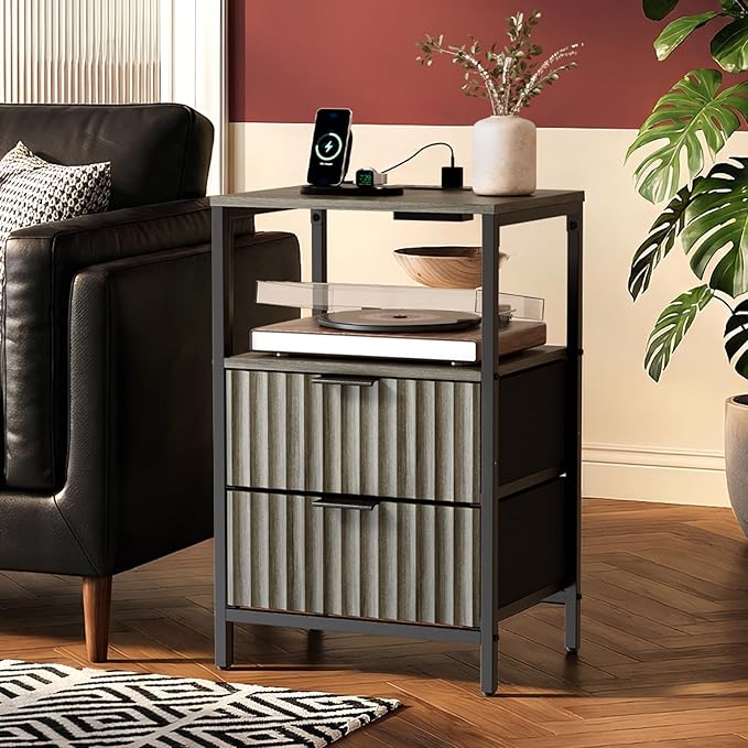 VINGLI Night Stand Set 2 with Charging Station, Fluted Grey Night Stand Set of 2, Gray Nightstand with Drawers Fabric, Grey Bedside Tables/End Tables for Bedroom, 14.96" W*11.81" D*23.78" H