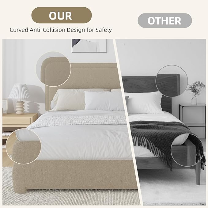 BarnFurin Boucle Upholstered Bed Frame King Size/Cloud Bed Frame/Soft Rounded Corners Headboard/Low Profile/No Box Spring Needed/Beige