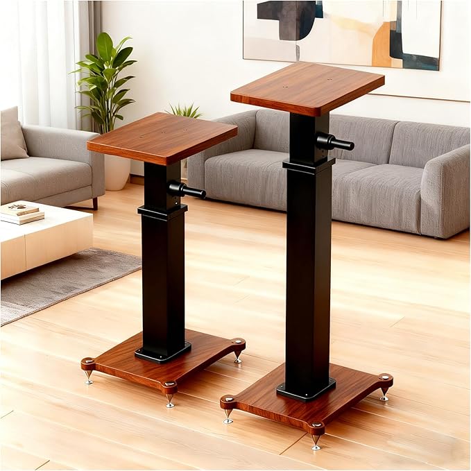 29.5-43.3in Height Adjustable Speaker Stands Pair up to 110lbs, Heavy Duty Bookshelf Speaker Stand Bookshelf Speaker Stand, Holds Bookshelf & Satellite Speaker Large Speaker (Brown)