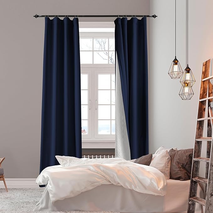 3-in-1 100% Blackout Curtains 120 Inches Long, Thermal Insulation, Soundproof Back Tab Drapes for Bedroom Living Room Sliding Glass Door, with Pin Hooks, Navy Blue 50x120 Inch 1 Panel
