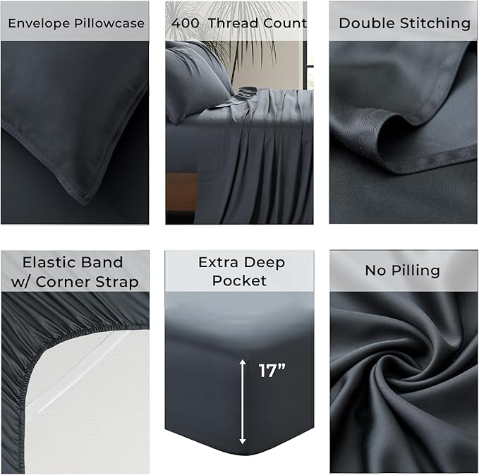 Split King Size Sheet Set | 2 Fitted Sheets for Sleep Number & Adjustable Beds | Organically Grown | Ultra Soft & Cooling |100% Viscose | 17" Deep Pocket [Charcoal Grey]