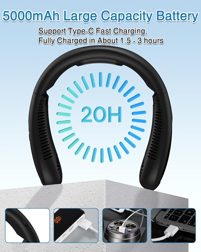 GAITIR Neck Air Conditioner, Portable Neck Fan with Cooling Plate 360°Cooling Airflow, 5000mah Rechargeable USB Fan Hands Free Bladeless Wearable Foldable Mini Fan for Men Women Home Office Outdoor