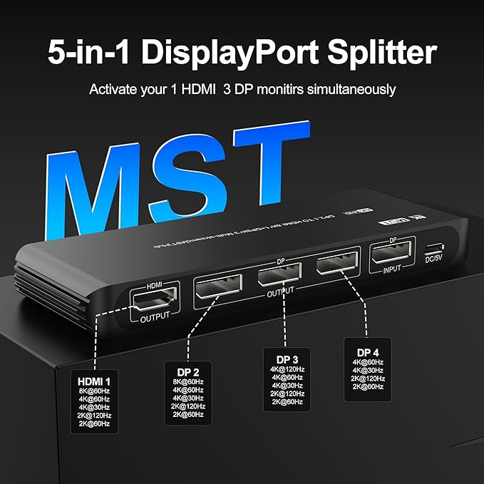DisplayPort Splitter for 4 Monitors, Three DP with HDMI Adapter 8K@60Hz Extended Display 1 in 4 Out DisplayPort MST Hub for Multiple Monitor, Compatible with Computer, Graphic Card, PC