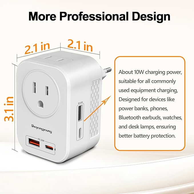 Shayangyoung Voltage Converter US to Europe, 220V to 110V Converter for European Travel, Universal Travel Adapter with 20W PD, 2 Type-C Port 2 USB-A, Power Plug Combo for Germany Italy - White-Z