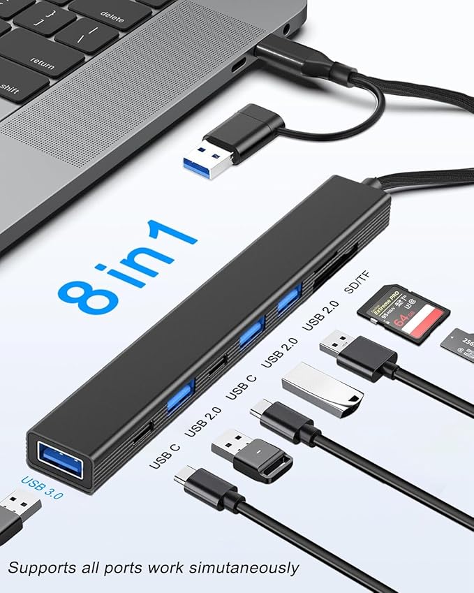 VIENON USB C Hub USB Hub 3.0 with SD Card Reader(8-in-1), USB Extender with Memory SD/Micro SD Card Reader, for Laptop, PC, MacBook, iPad Pro, iMac-Aluminum