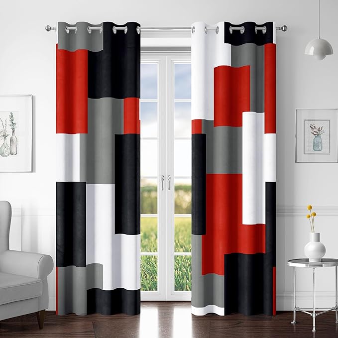 Red Black 100% Blackout Curtains for Bedroom 63 inch Length 2 Panels Set White Grey Modern Abstract Geometric Black Out Curtains Christmas Red Room Darkening Window Drapes Living Room, 52Wx63L
