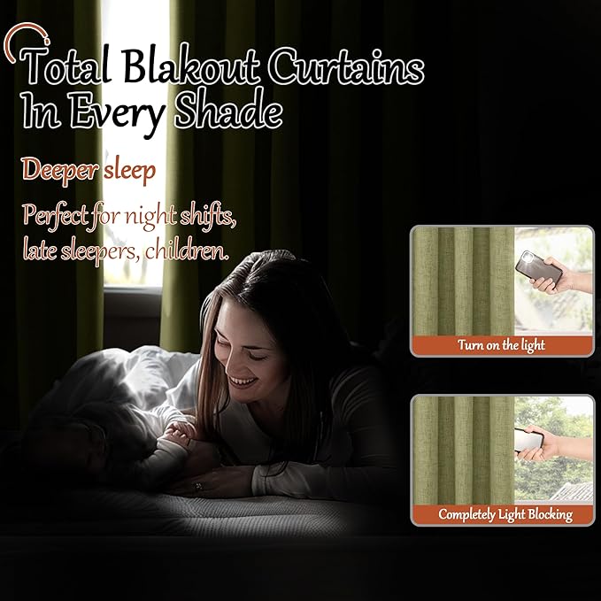 Olive Green 100% Linen Blackout Curtains for Living Room 63 Inch Long 2 Panels, Thermal Insulated Noise Reducing Window Total Black Out Curtains for Bedroom, Each 52x63 Inch 2 Panels