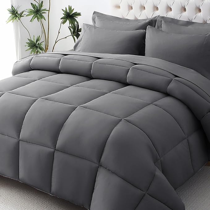 JOLLYVOGUE California King Comforter Set, Ultra-Soft Bed in a Bag Cal King Size 7 Pieces, Oeko-TEX Certified Bedding Set with Down Alternative Comforter, Sheets, Pillowcases & Shams, Dark Grey