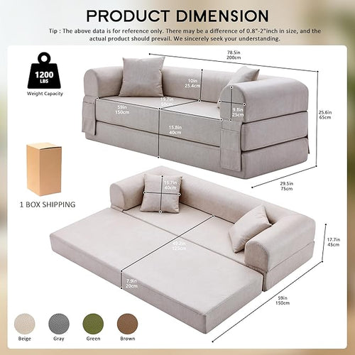 78.5" Convertible Sleeper Sofa Bed, Faux Leather Folding Floor Sofa with Pullout Bed&2 Pillows, No Assembly Modern Boneless Couch Compression Sofa in Box with Storage Pocket for Living Room, Beige