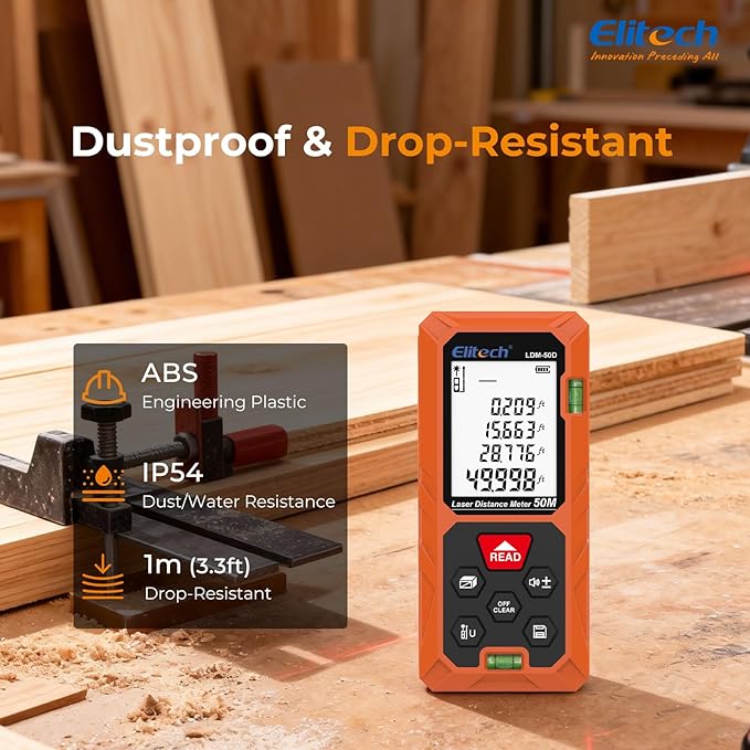 Elitech Laser Measuring Tool 165ft, Digital Laser Tape Measure with Dual Bubble Levels, 99 Data Memory & Mute, Ft/In/M High Precision Measuring Tool for Home Renovation & Decoration (Battery Included)