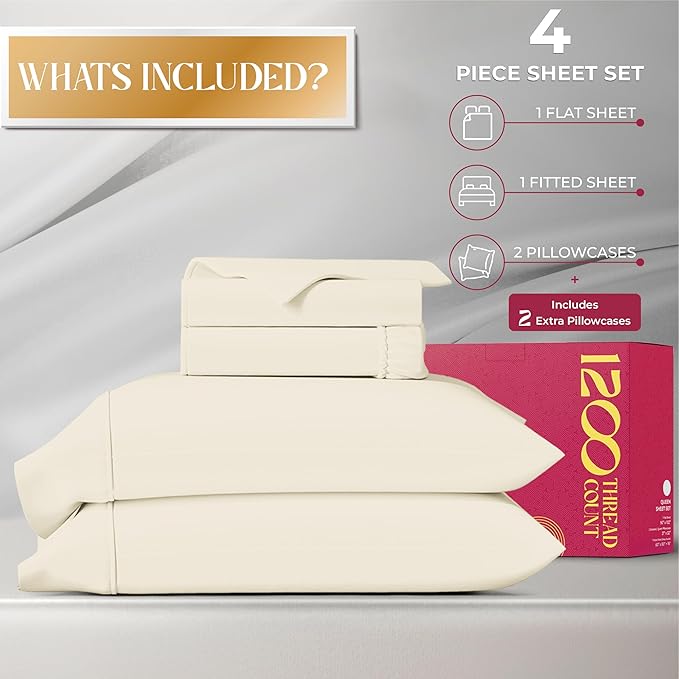 Mayfair Linen 100% Egyptian Cotton Queen Sheet Set - Luxury 1200 High Thread Count Egyptian Cotton Sheets Queen Size (4 PC, Ivory), Silky Soft, Cooling, 17" Deep Pocket Sateen Weave Hotel Bedding