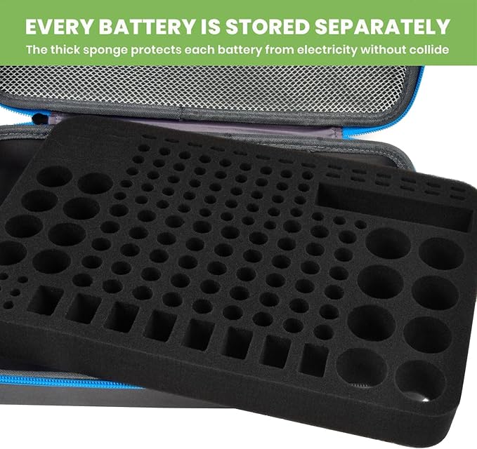 Battery Organizer Storage Holder Case Box with Tester Checker BT-168. Holds 225 Batteries AA AAA C D Cell 9V 3V Lithium (Blue)