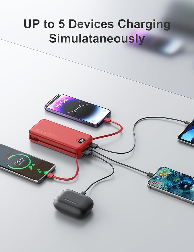 aonidi 20000mAh Ultra-Portable-Charger-Power-Bank PD20W with Built in Cables&AC Wall Plug,Fast Charging Cell Phone Charger Battery Pack,LED Display Travel Battery Bank for All iPhone,Samsung,Android