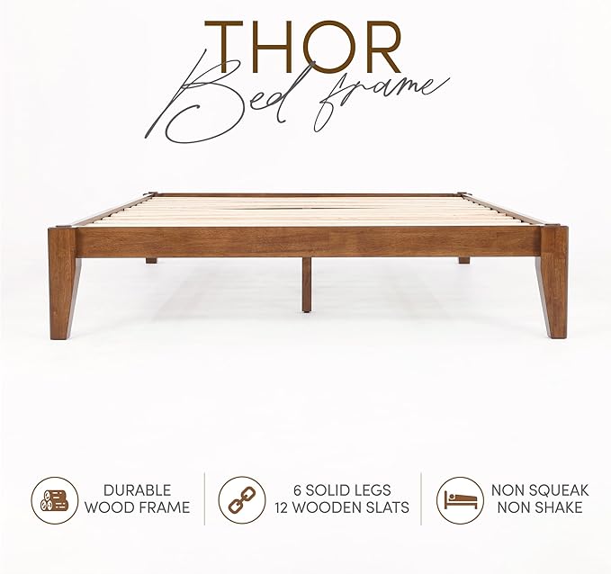 Thor Bed Frame Queen - Solid Wood Platform Bed - Japanese Joinery Bed Frame - Wood Slat Support - No Box Spring Needed - Easy Assembly - Minimalist & Modern Style (Walnut)