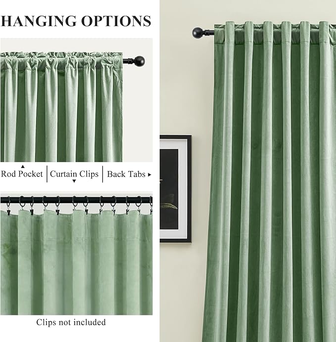 AUSSPVOCT Sage Green Velvet Curtains 96 Inches for Bedroom, Thermal Insulated Super Soft Room Darkening Curtains Luxury Window Drapes for Living Room Nursery, Back Tab Rod Pocket, W52 x L96, 2 Panels