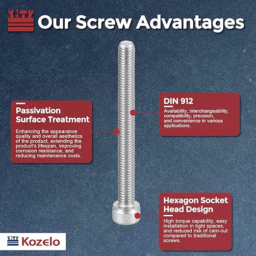 Kozelo 4pcs Socket Head Cap Screws - [M8-1.25 x 80mm] 304 Stainless Steel Allen Socket Drive for Electrical Motor 3D Printing Fan Engine Replacement Use, Silver
