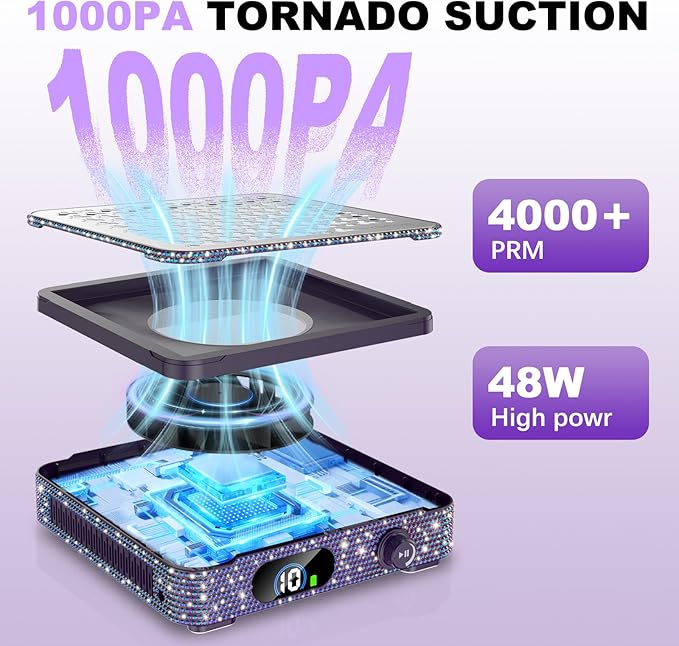 Nail Dust Collector | 1000PA Nail Fan Dust Collector | 10 Speed Levels | Low Noise & Strong Suction | Reusable Filter, 10 Pads + Nail Dust Brush | for Acrylic Nails, Salon & Home -Purple Diamond