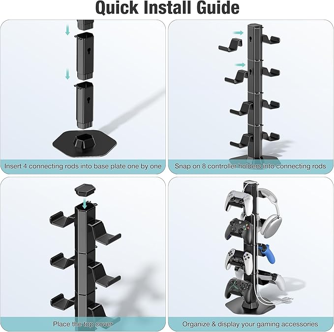 Controller & Headset Holder Stand for Desk, with Charger Cable Organizer Headphone Stand for PS5/ Xbox/ PS4/ Switch, Metal Base Controller Hanger Hook for Storage Earphones, Game Console, Mobile Phone