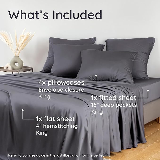 Bambaw 100% Viscose Derived from Bamboo Sheets King Size Set – 6pcs Set of Cooling Sheets for Hot Sleepers, Super Soft Bed Sheets King, Fits Up to 16'' Mattresses, Luxury Bedding Sets King (Charcoal)