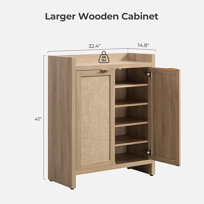 SICOTAS Shoe Cabinet Set of 2, Large Capacity Shoe Storage Organizer Cabinet, Tall Rattan Shoe Cabinet with Doors and Shelves, 6-Tier Farmhouse Boho Wooden Storage Cabinet for Entryway, Light Oak