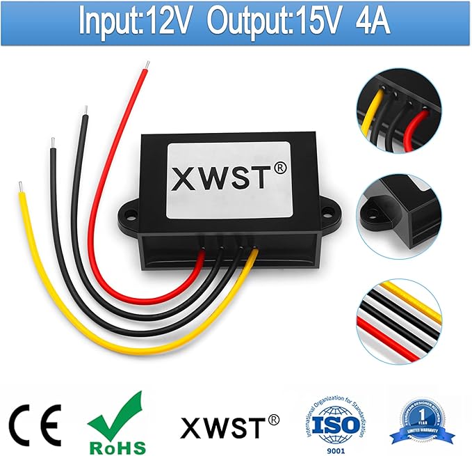 DC DC 12V to 15V 4A 9V-13V to 15V Voltage Regulator,Step-up Module,Boost Converter,Waterproof Power Adapt 60W 15V Volt Transformer Module (12V to 15V 4A)