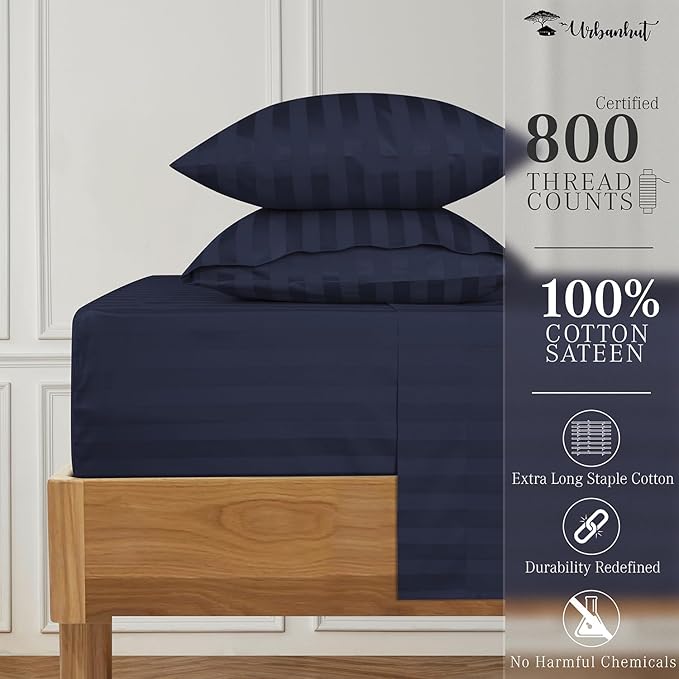 URBANHUT 800 Thread Count 100% Cotton Damask King Size Sheets, 4 Piece Striped King Size Bedsheets, Luxury Hotel Sheets Sateen Weave - Better Than Egyptian, 16" Elasticized Deep Pocket- Navy Blue