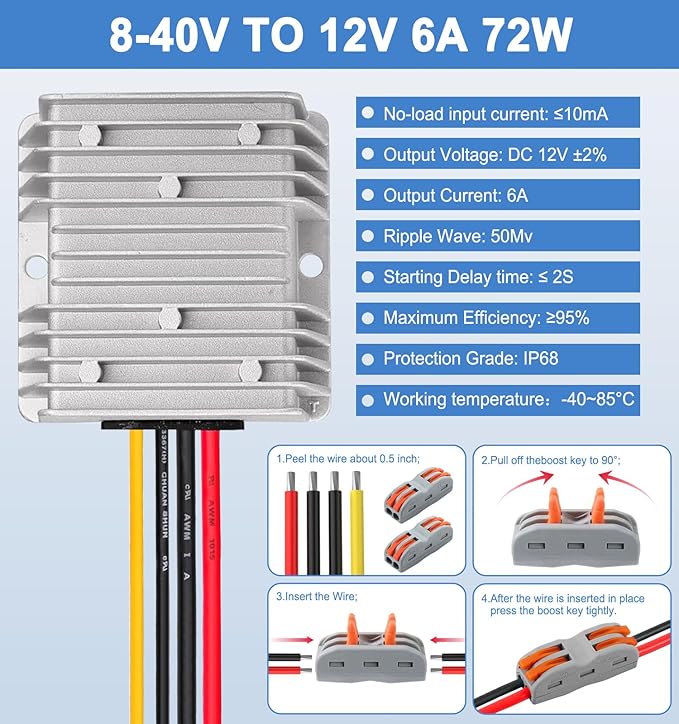 EAGWELL DC 8-40V to 12V Converter 6A 72W Step Down Converter Voltage Reducer IP68 Waterproof Transformer for Golf Cart Truck Boat Vehicle