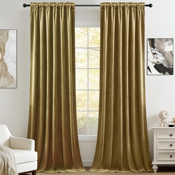 Velvet Curtains 108 Inches Long for Bedroom, Luxury Room Darkening Thermal Insulated Blackout Curtains Luxury Window Drapes for Living Room, Back Tab Rod Pocket, Goldbrown, W52 x L108, 2 Panels