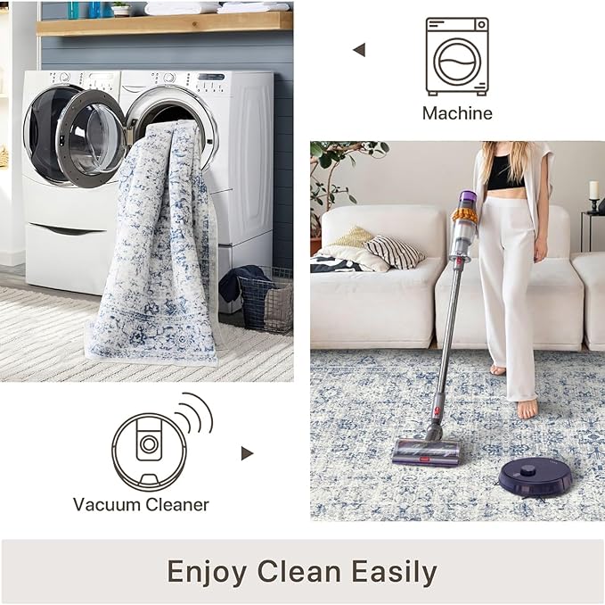 6x9 Area Rug, Ultra-Soft Washable Rug for Living Room, Dinner Room, Bedroom, Non-Slip Vintage Floral Rug, Indoor Carpet Large Area Rug, Blue