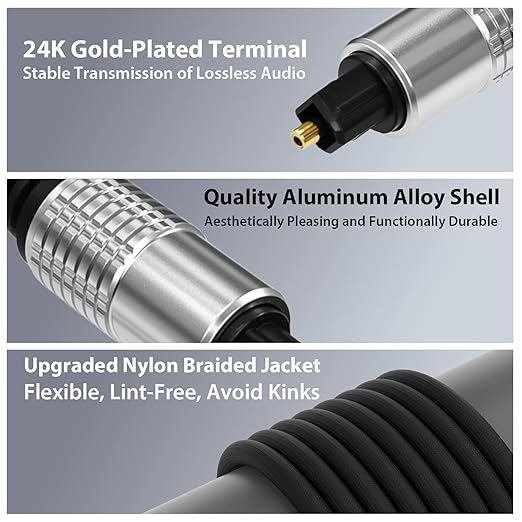 Cyberguys! Optical Audio Cable, Digital Optical Cable with Toslink Connectors, Braided Digital Audio Cables for Soundbar, TV, Receiver, Speaker, Xbox, PS5, Blu-Ray – Gold-Plated, 10ft