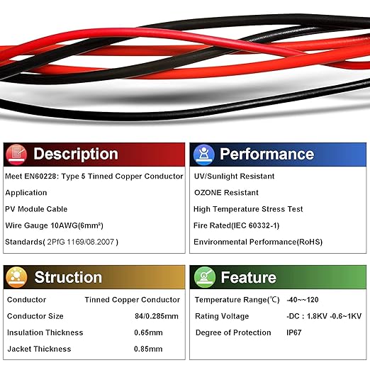 Solar Panel Wire - iGreely 200Ft 10 Gauge 10AWG Tinned Copper PV Wire Solar Panel Extension Cable UV Resistant Cable for Boat Marine Automotive RV Solar Panel Outdoor - Black
