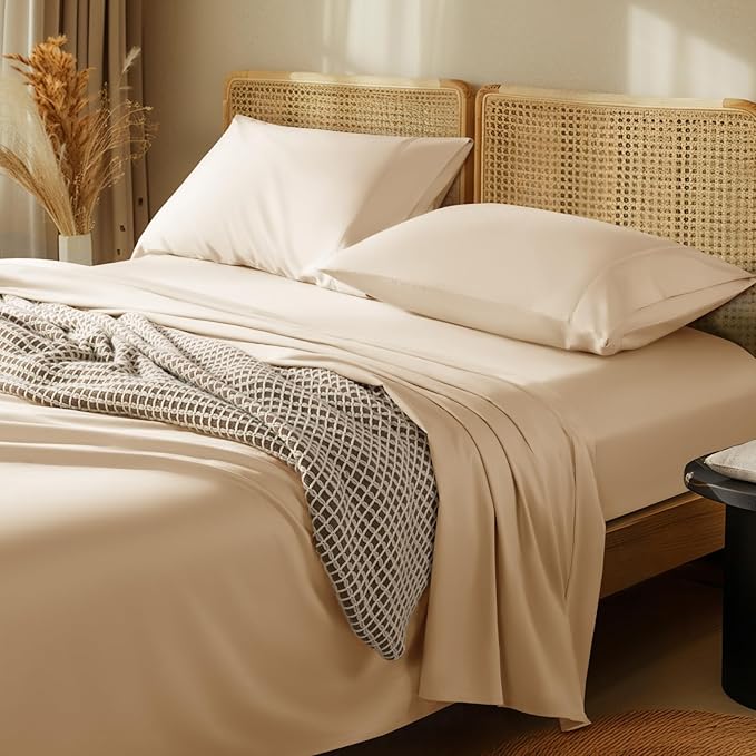 LBRO2M 1000 Thread Count 100% Egyptian Cotton Sheets Set Twin, 3 Piece Sets Bed Sheet Deep Pocket Sheet Set 16" Soft Comfortable All Season (Twin, Cream)