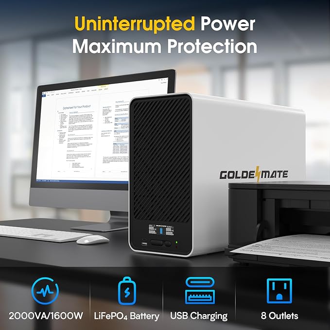 GOLDENMATE 2000VA/1600W Lithium UPS Battery Backup and Surge Protector, Backup Battery Power Supply with LiFePO4 Batteries(460Wh), AVR, Line Interactive Sinewave UPS System, 8 Outlets, LCD Display
