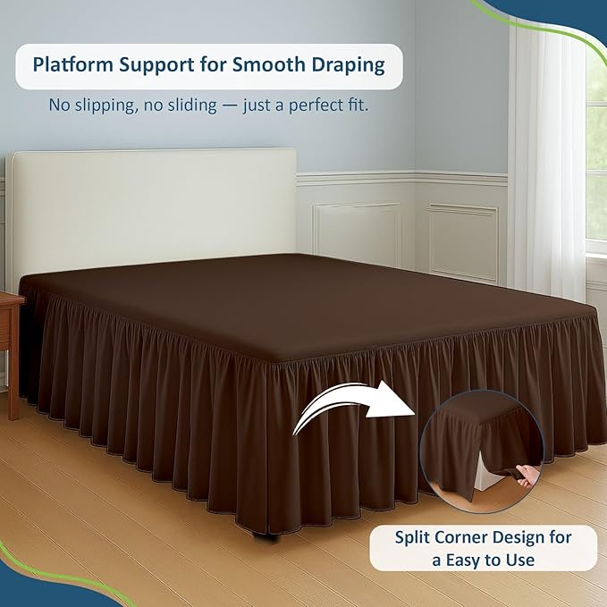 Rajlinen Ruffled Bed Skirt California King, 12 Inch Drop Dust Ruffle with Split Corners, 100% Microfiber Bedskirt with Platform, Three-Sided Coverage Ruffled Gathering Design, Chocolate