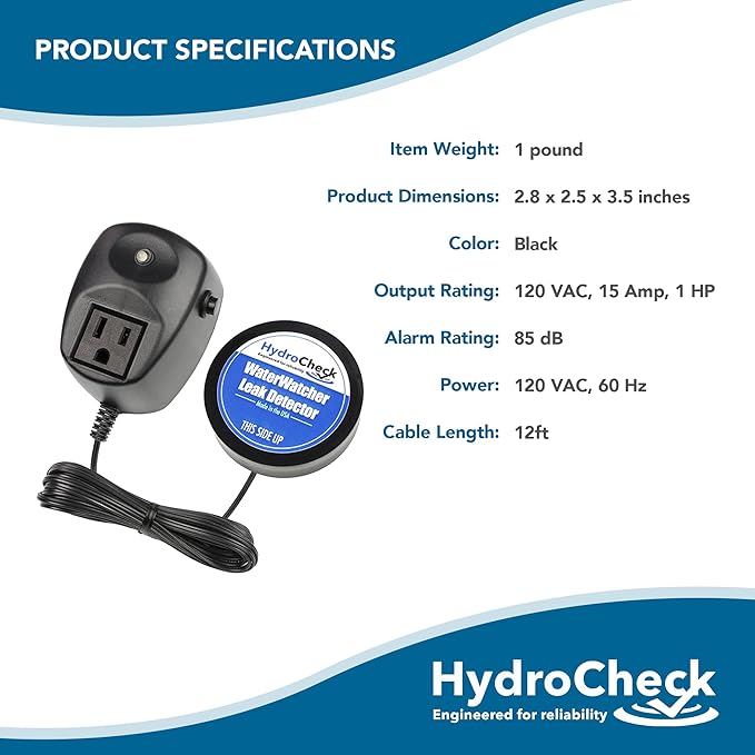 HydroCheck Water Sensor Alarm, Smart Water Leak Detector for Home & Basements | Made in The USA | Automatic Flood Detectors and Water Alarm, Pure Water Capable (WaterWatcher)