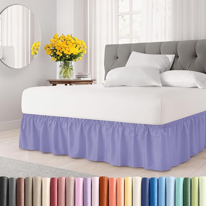 Wrap Around Dust Ruffle Bed Skirt - Lavender - for Full Size Beds with 15 Inch Drop - Easy Fit Elastic Strap - Adjustable Pleated Bedskirt w/Brushed Fabric Wrinkle Free - for Women, Men, Kids & Teens
