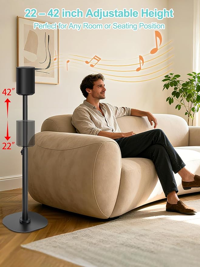 Haturi Speaker Stands Pair for Sonos ERA 100 & 300 Adjustable 22”–42” Floor Stands with Cable Management Heavy Duty Metal Construction Non Slip Base for Living Room Bedroom Office