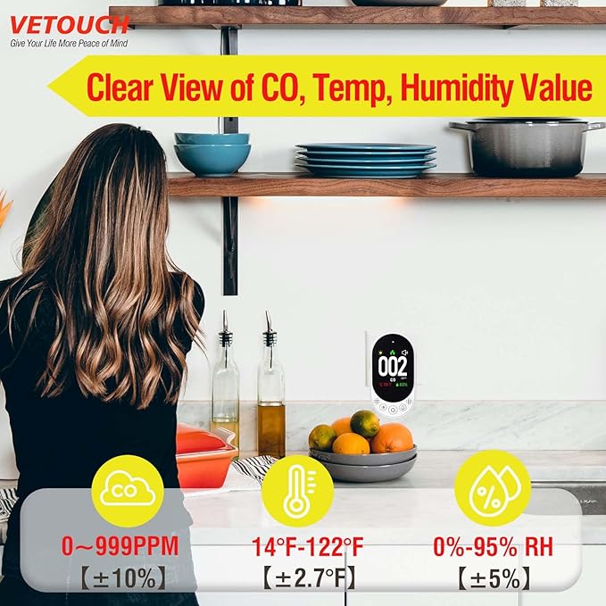 VETOUCH Plug-in Carbon Monoxide Detector with Digital Color Display CO Detector for CO, Temperature & Humidity, 85dB Loud Alert, Self Test Function vetouch CO Detector, for Home, Bedroom, Kitchen, RV