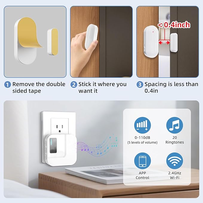 Door Chime,Sanjie WiFi Door Sensor Open Chime When Entering for Business/Home/Store/Office Alert Your Phone,Alarms for Kids Safety,500 FT Range,20 Ringtones ,4 Sensors 1 Receiver