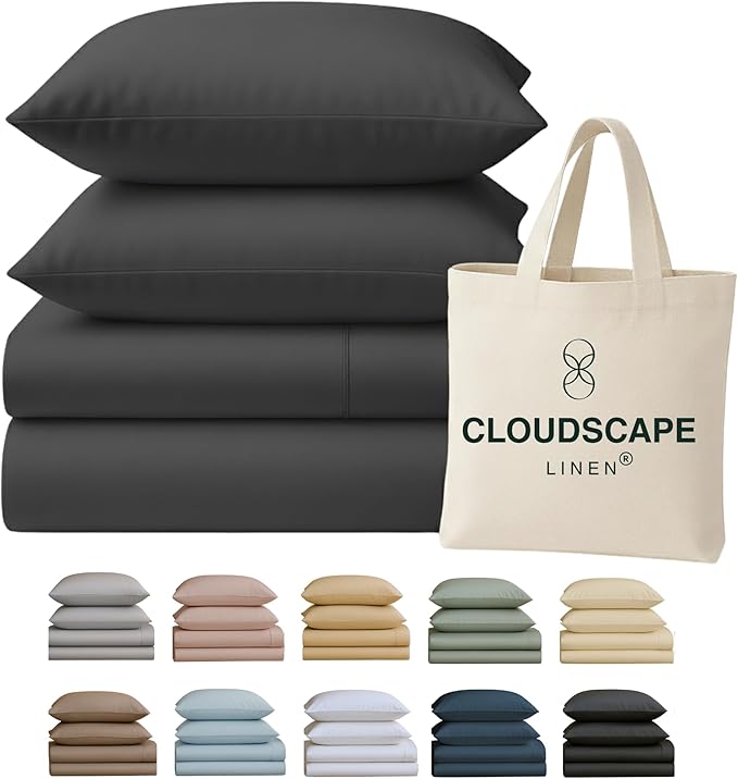 Cloud Scape Linen 100% Egyptian Cotton Sheets for Queen Size Bed, 400 Thread Count, 4 Pieces Bedding Set, Hotel Quality, Silky Soft, Deep Pockets up to 17”, Charcoal
