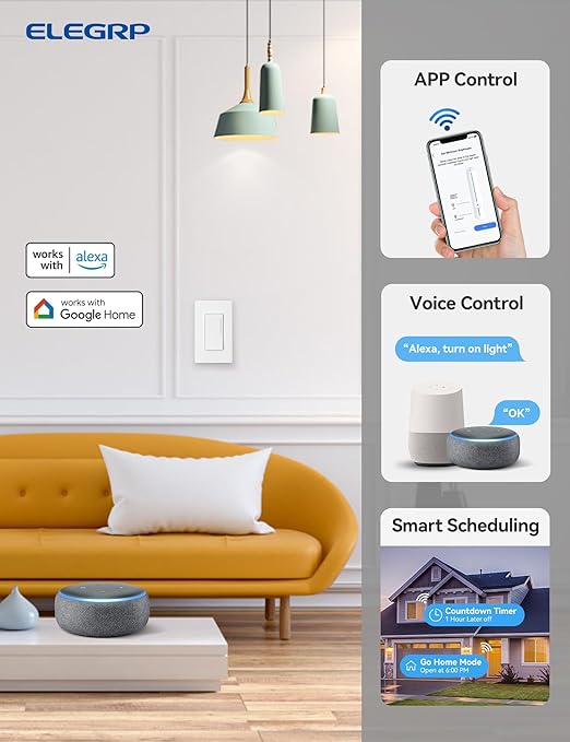 ELEGRP Smart Dimmer Light Switch DTR10, Single Pole Setup, 2.4GHz Wi-Fi Touch Dimmer Compatible with Alexa and Google Assistant, Needs Neutral Wire, No Hub Required, UL and FCC Listed, White, 2 Pack