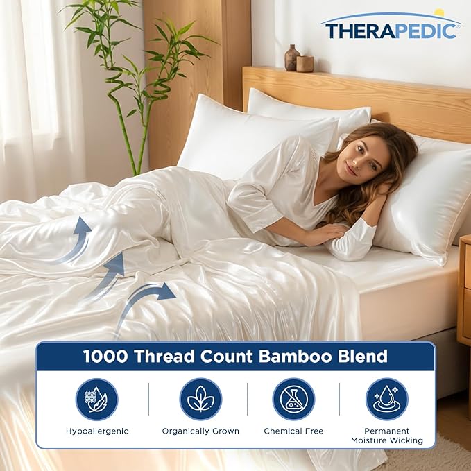 Therapedic 1000TC California King 6-Piece Sheet Set - 100% Organic Rayon Derived from Bamboo Blend with Cooling Fiber,Ideal for Hot Sleepers - 16" Deep Pocket Fitted Sheet,Bonus Pillowcases-Light Blue