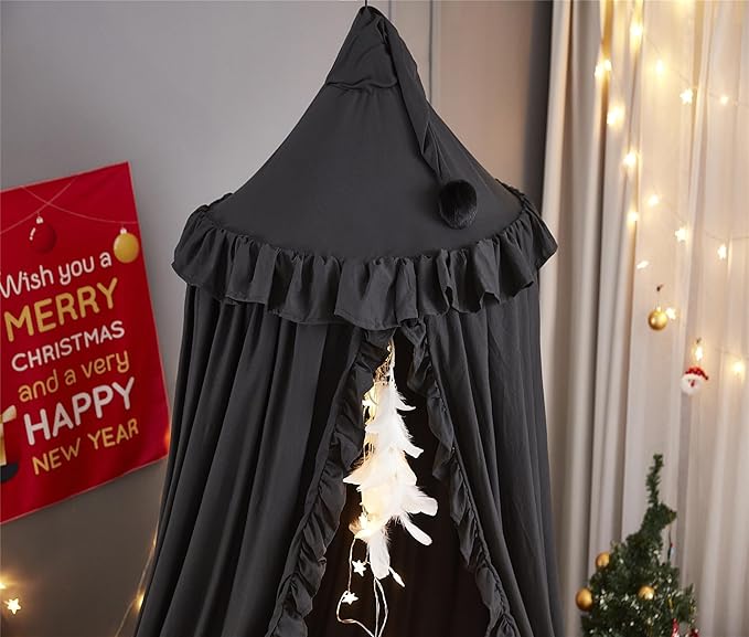 VETHIN Bed Canopy for Girls,Princess Round Dome Dreamy Mosquito Net Bedding Girls Room Castle Play Tent Hanging House Decor Reading Nook Canopies (Black)