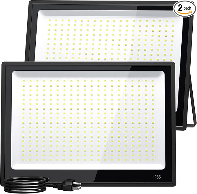 XXBSAZ 300W LED Flood Light Outdoor, High Power Plug-in & Hardwired Commercial Work Light, IP66 Waterproof 6500K Daylight for Parking Lots, Warehouses & Construction Sites (2 Pack)
