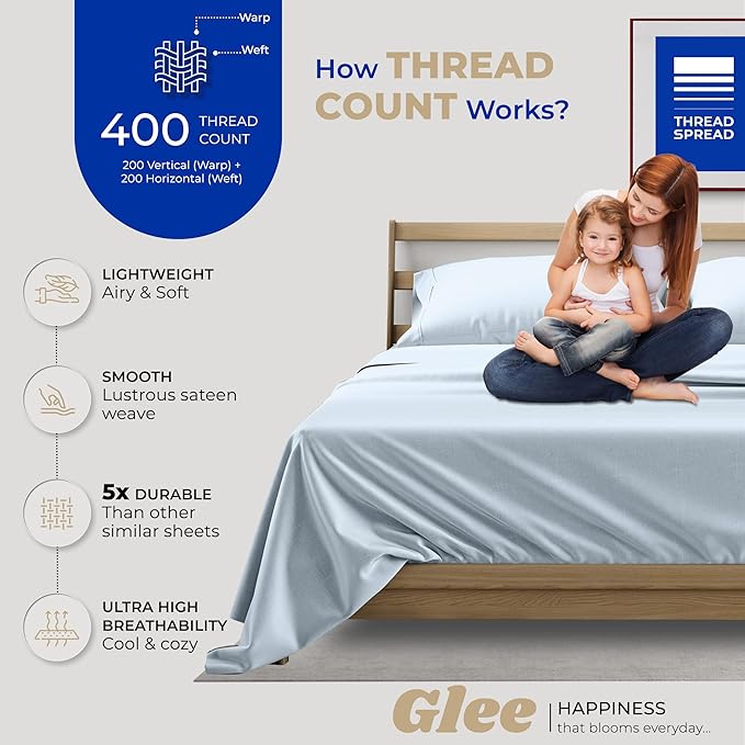 Thread Spread 100% Cotton Bed Sheets Twin XL Set - 400 Thread Count Cotton Twin XL Sheets Only, 3 PC Set (Light Blue), Soft, Breathable, Cooling, Sateen Weave 16" Deep Pocket Bedsheet for Hot Sleepers