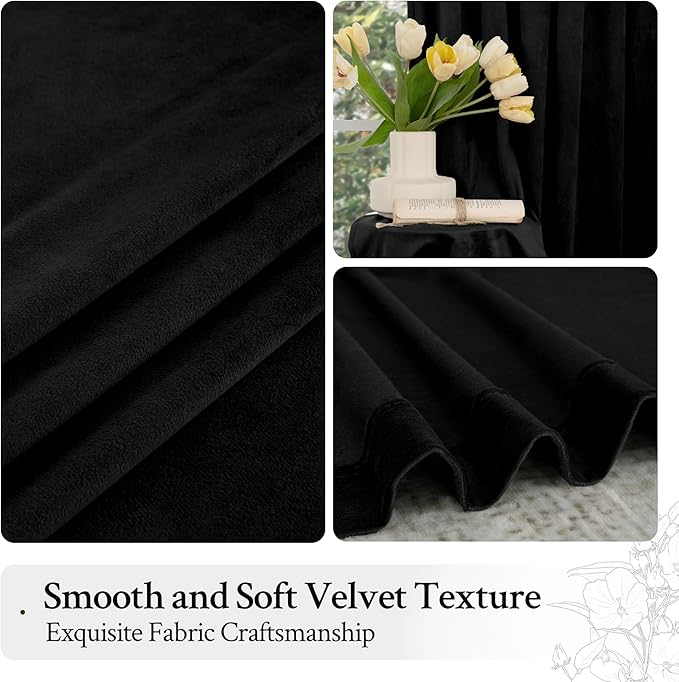 LAMIT Halloween Black Velvet Blackout Curtains for Bedroom, 96 Inch Thermal Room Darkening Panels Back Tab and Rod Pocket Privacy Protected Drapes for Living Room/Movie Theater, 2 Panels, 52 x 96 Inch